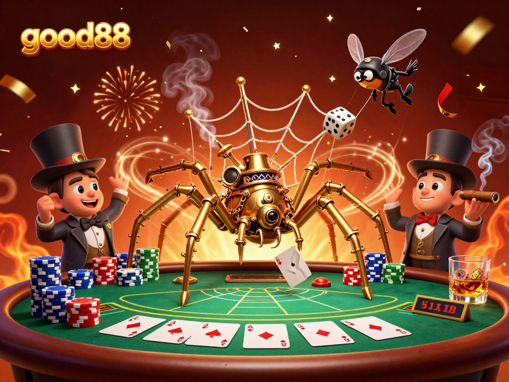 Experience winning thrills at good88 with a steampunk spider navigating a dazzling casino web.