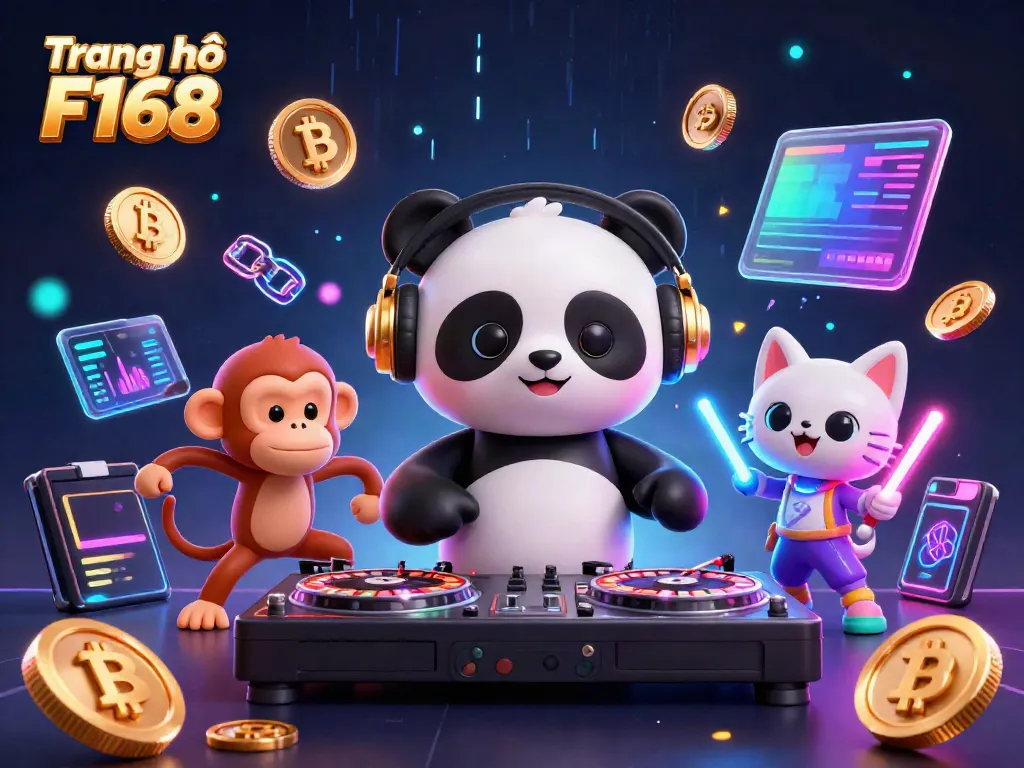 Experience the vibrant excitement of Trang chủ F168 with a DJ panda and gaming elements in a lively 3D illustration.