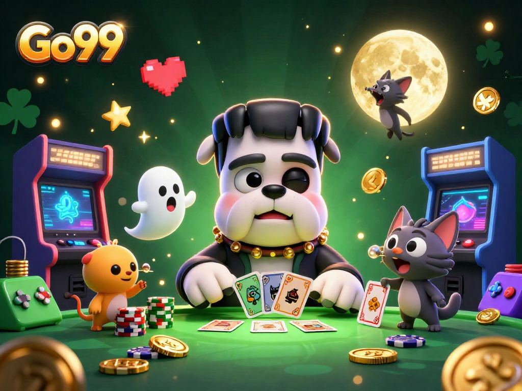 Engage with Go99's lively casino scene featuring a Frankenstein bulldog dealing cards with vibrant game elements.