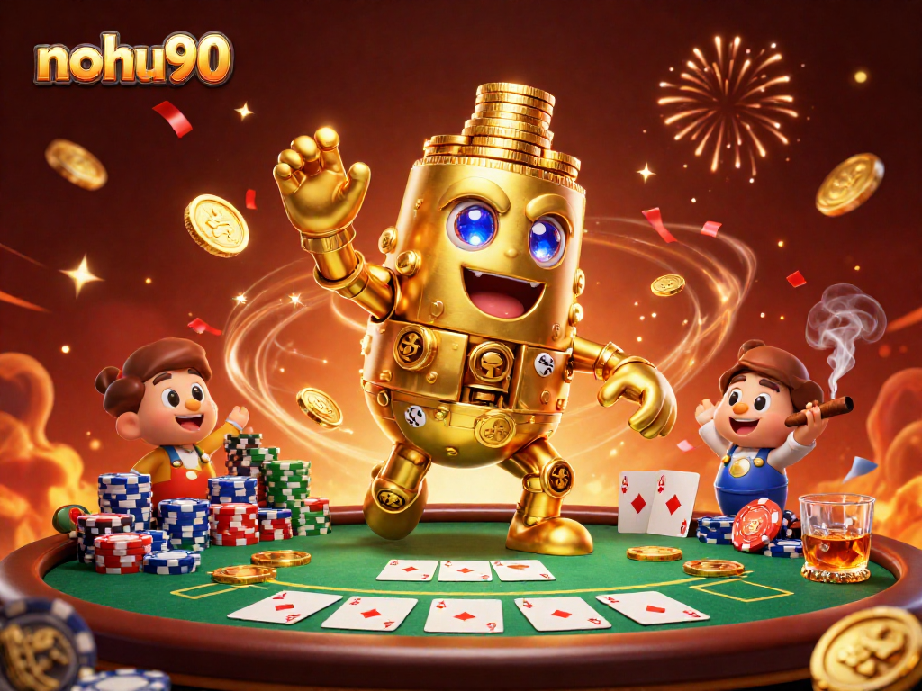 Engage with nohu90 at the animated poker table amidst a vibrant casino celebration.