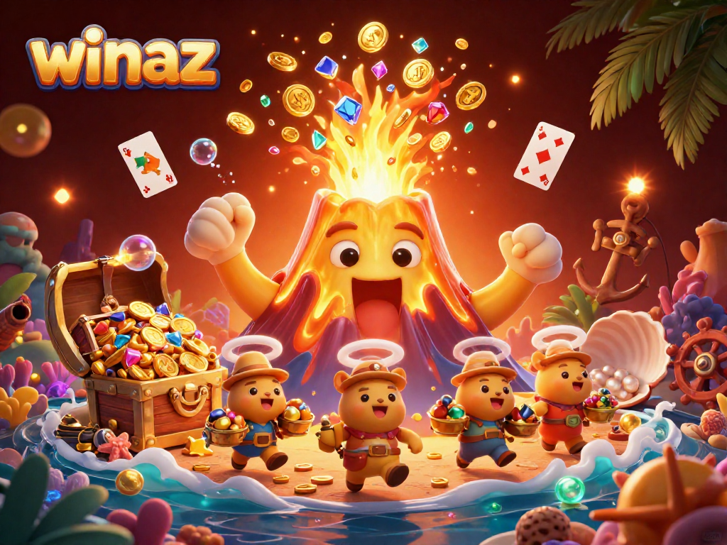 Winaz casino illustration with animated volcano, treasure, and vibrant gambling elements.