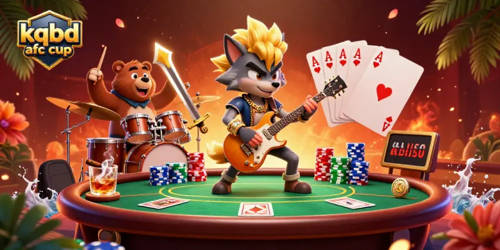Experience the excitement of kqbd afc cup with a vibrant 3D scene showcasing a rock star wolf and poker elements.