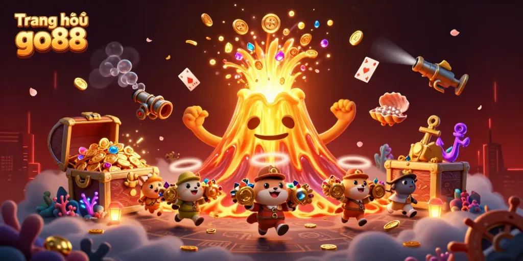 Engage with the vibrant scene of Trang chủ go88 depicting a golden volcano erupting coins and explorer animals amidst dynamic gaming elements.