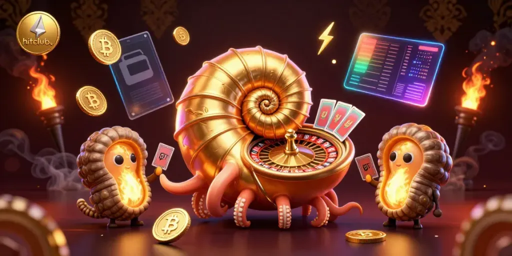 Experience thrilling gameplay at hitclub. with an exciting 3D casino illustration blending a giant nautilus and crypto elements.