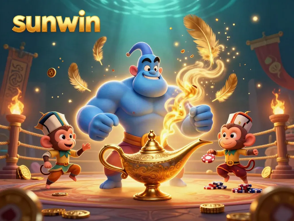 Engage with sunwin's vibrant casino adventure featuring a genie, monkey, and poker elements in 3D.