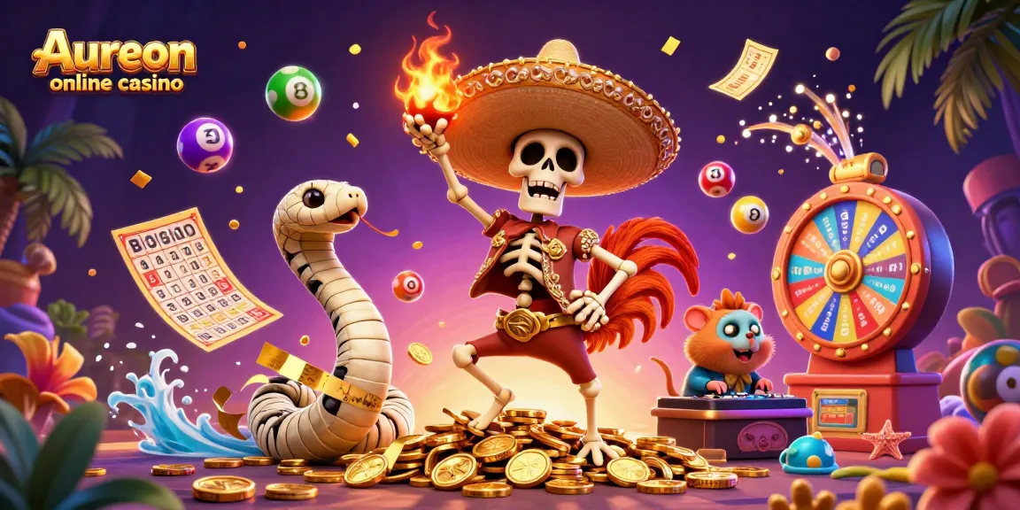 Aureon online casino brings excitement with a dynamic scene of a mariach rooster celebrating wins among casino elements.