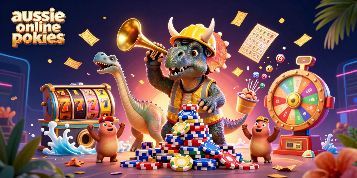Engage with aussie online pokies as triceratops builds poker chip pyramid amid vibrant gambling elements.